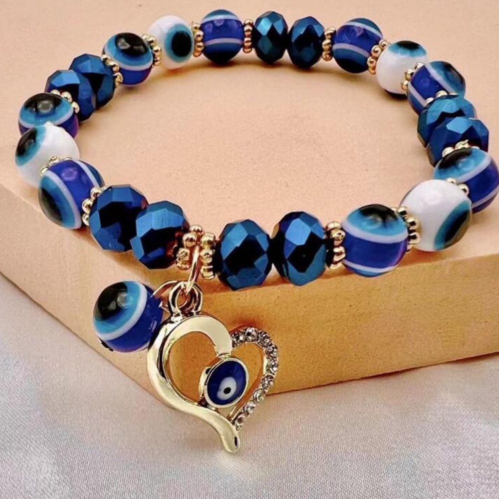 Blue & White Glass Beaded Charm Bracelet with the Evil Eye Design